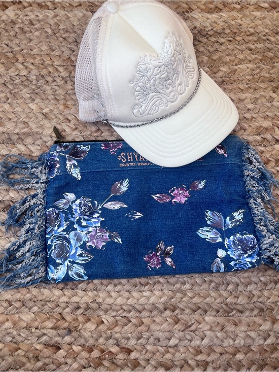 Shyanne Handbags - Shyanne cream hat Blue Floral Denim Clutch with Fringe purse
